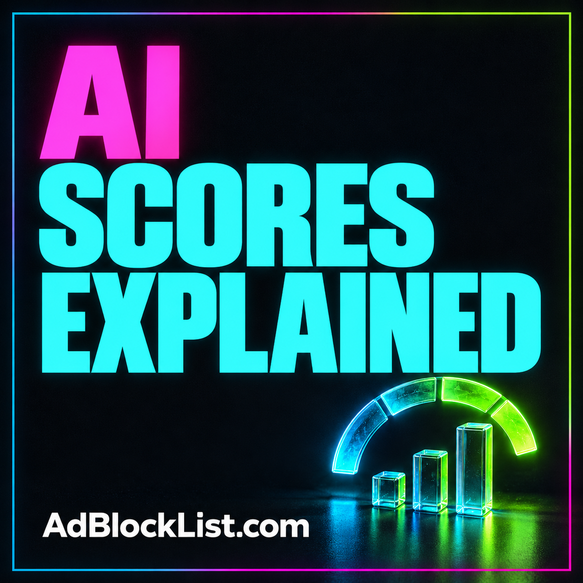 AI Scores Explained: neon typography and a glowing scoring motif, framed and branded AdBlockList.com.