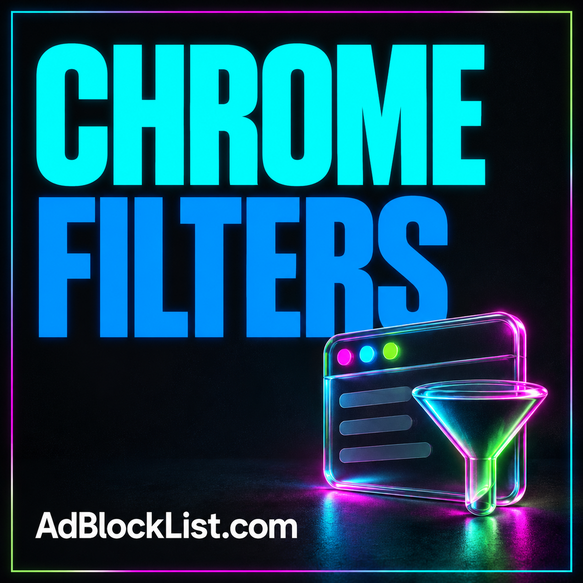 Chrome Filters: neon typography with browser and filter symbols in an AdBlockList.com pinstripe frame.