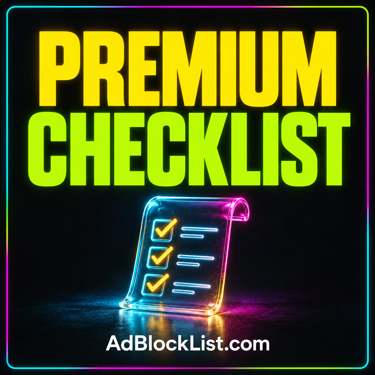 Premium Checklist: bold neon typography and a checklist motif with AdBlockList.com branding.
