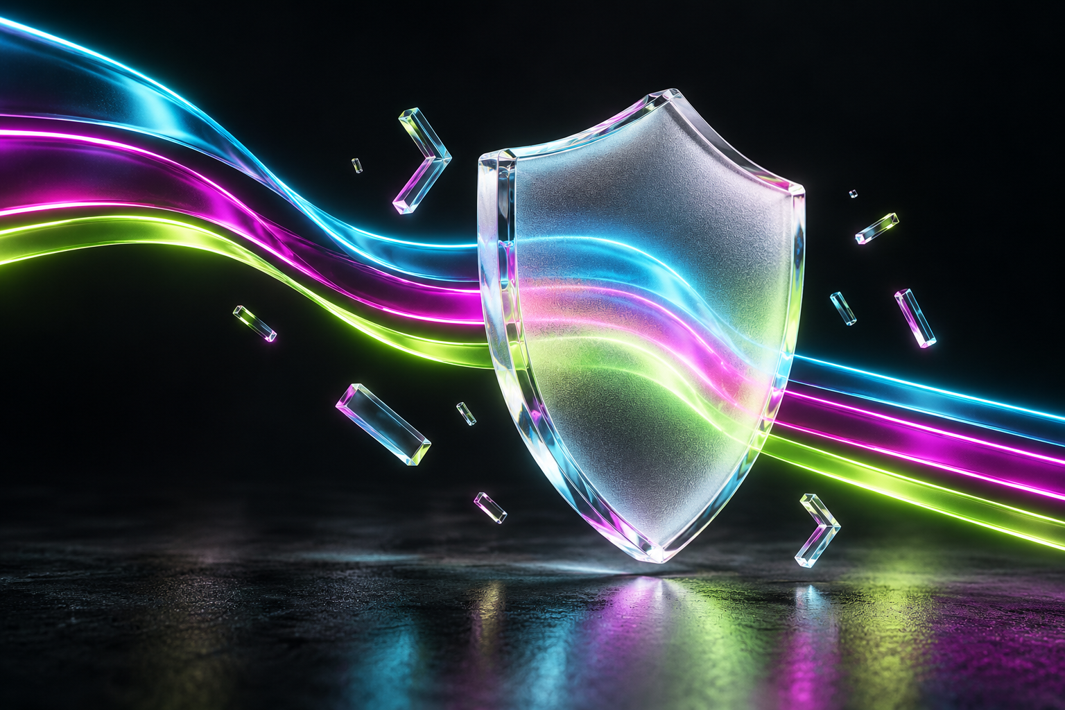 A translucent privacy shield surrounded by cyan, fuchsia, and lime light ribbons.