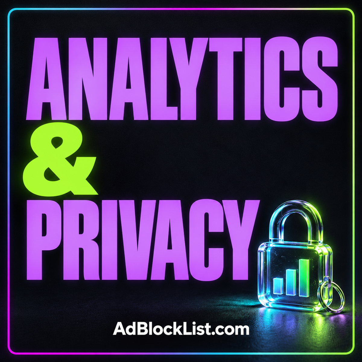 Analytics & Privacy: neon typography and chart-and-shield imagery, branded AdBlockList.com.
